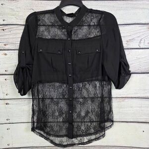 Daytrip Black Sheer Lace Button Front Blouse XL